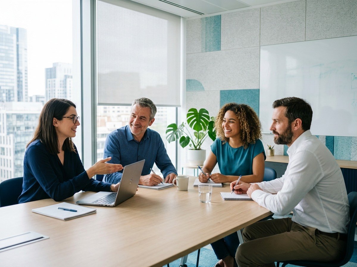 Équipe de professionnels en formation intra-entreprise autour d'une table, échange et prise de notes