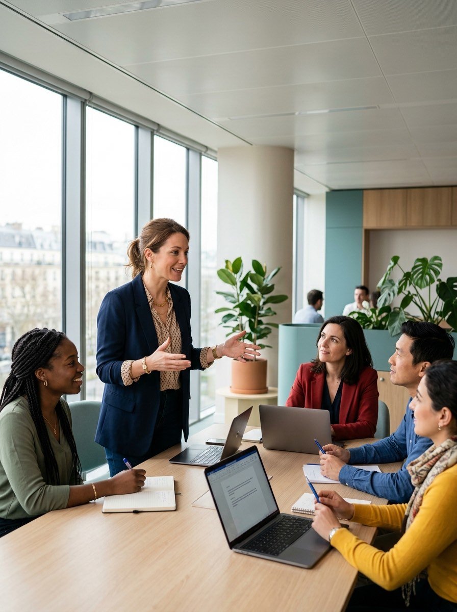 Formatrice animant une session de formation professionnelle en présentiel devant un groupe, en Île-de-France